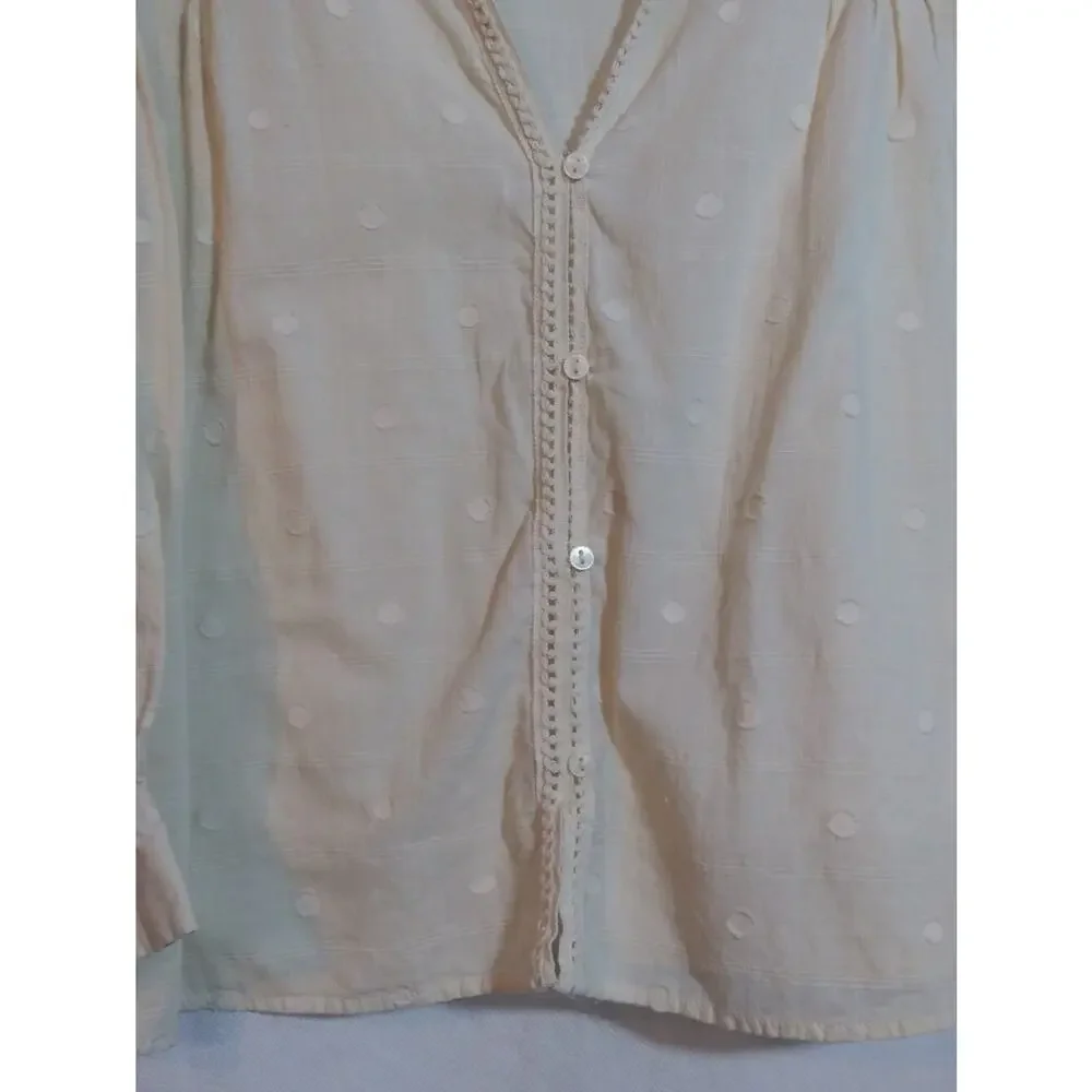 Zara Tan Dot-Pattern V-Neck Button Balloon Embroidered Sleeve Blouse Size Small